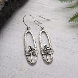 Antique Silver Floral Oval Drop Earrings - Women Jewelry
